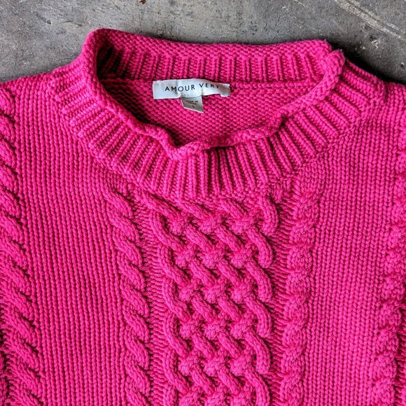 Amour Vert Hot Pink Chunky Knit Mock Neck Merino Wool Star Sweater large - Picture 4 of 9
